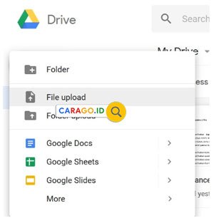 2. Selanjutnya pilih menu File Upload untuk unggah file yang ingin dikirimkan ke email caranya tekan New lalu pilih File Upload dan masukkan file atau folder dengan file besar diatas 25MB di Google D